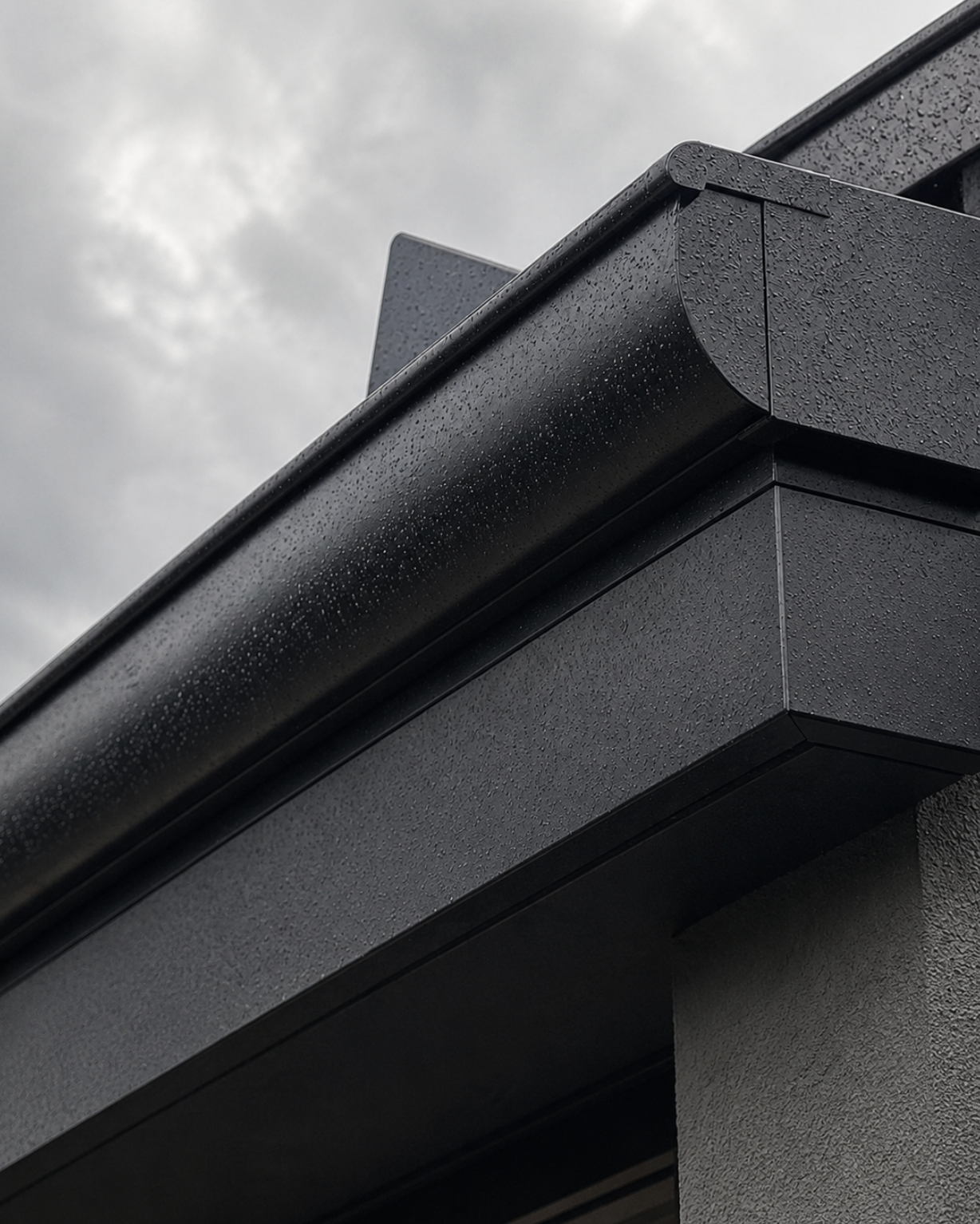 Close detail of black seamless aluminium guttering and fascia