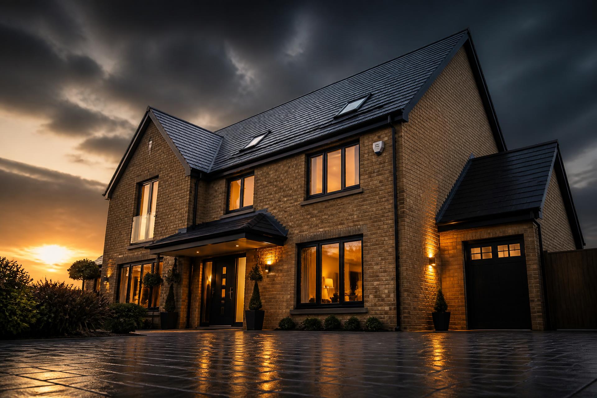Newly slated roof and black seamless guttering on a detached home at dusk